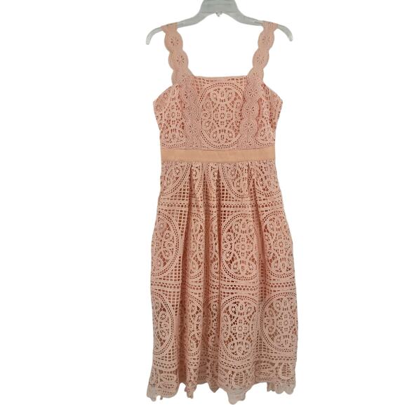 Just Me Crochet Lace Dress Size M Peach Milkmaid Asymmetric Boho Cottage Fairy - Picture 1 of 12